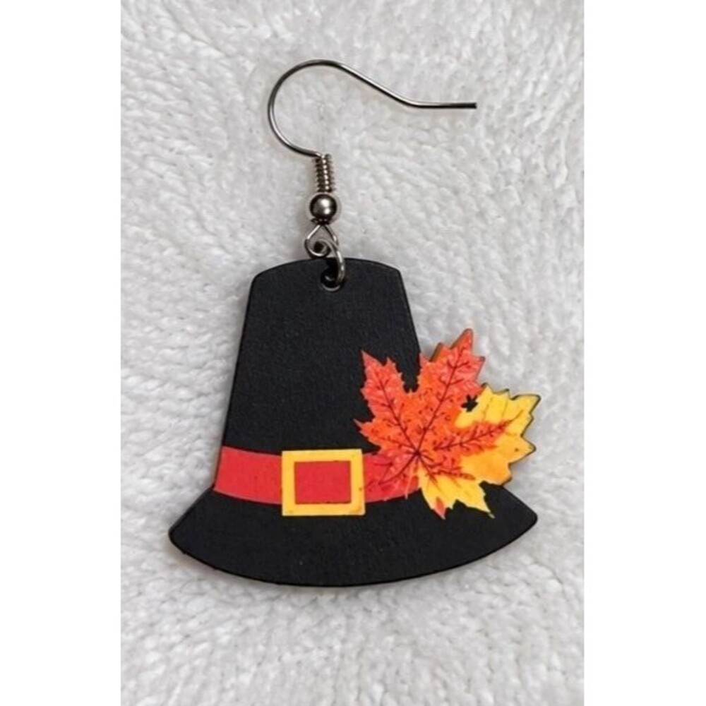 Thanksgiving Pilgrim Hat Maple Leaf Dangle Earrings Black Wooden Fall